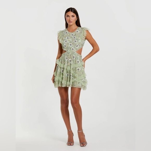 Mac Duggal 35101 NWT Embellished Jewel Neck Tulle Ruffle Mini Dress in Sage - Picture 3 of 9